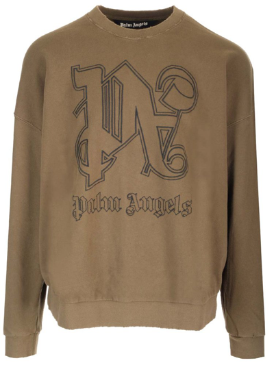 Palm Angels Logo Embroidered Sweatshirt In Brown Black