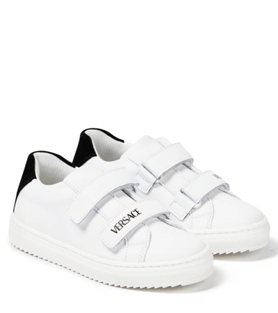 Versace Kids' Logo Leather Sneakers In 白色