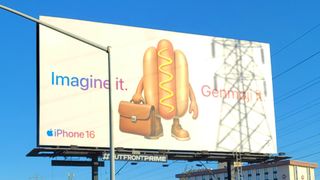 Apple billboard showing a Genmoji of a hot dog with a briefcase