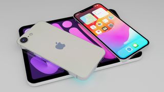 3D render of the iPhone SE 4 and iPad mini 7 based on information gathered from rumors and leaks. Two iPhone SE 4 smartphones sit on top of an iPad mini 7, one is facing up to show its display, the other is facing down to show its back and camera array.