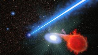 An illustration of a blue laser beam shooting out of a black hole and passing a binary star system