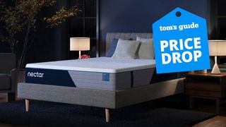 The Nectar Classic Hybrid Mattress in a dark bedroom, a Tom's Guide price drop deals graphic to the right