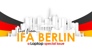 A semi-shaded papercraft illustration of the city of Berlin, Germany in front of a German national flag banner with the words "Live from IFA Berlin, a Laptop special issue" using the Laptop Mag logo