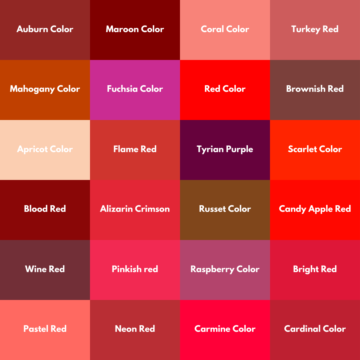 Red Colors (shades of red with codes)