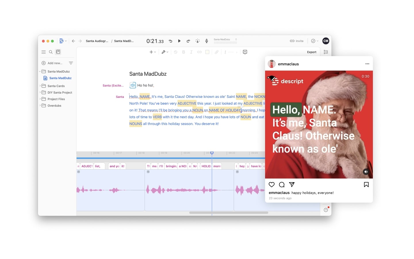 New in Descript: Santa's voice and animated captions