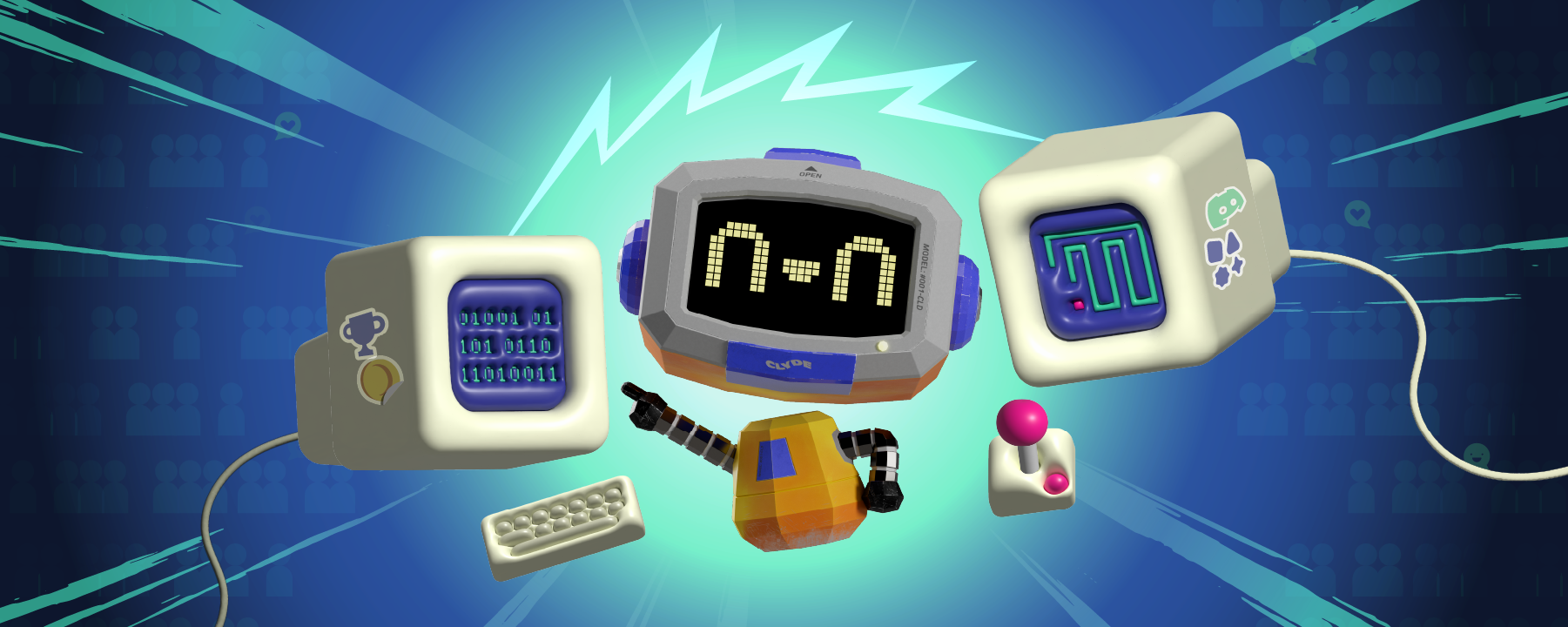 Clyde, a helpful robot, looks very excited as old CRT monitors float around them! One of the monitors shows a string of binary code, while the other shows a game of Snake currently playing. It’s implied that Clyde is developing a game for their friends to play. 