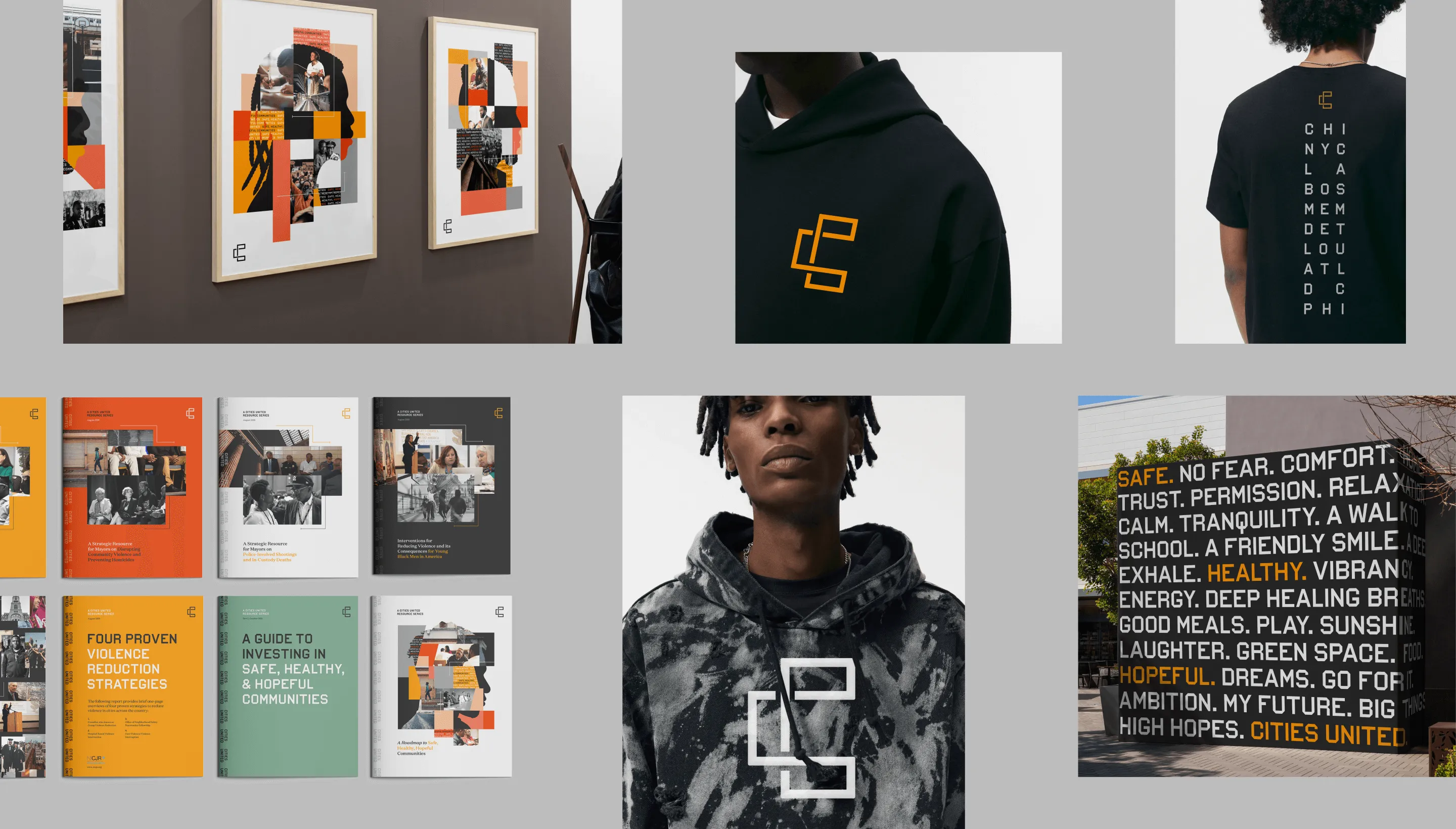 Some of the Cities United brand expressions, including illustrated portraits, shirts and hoodies, and murals.