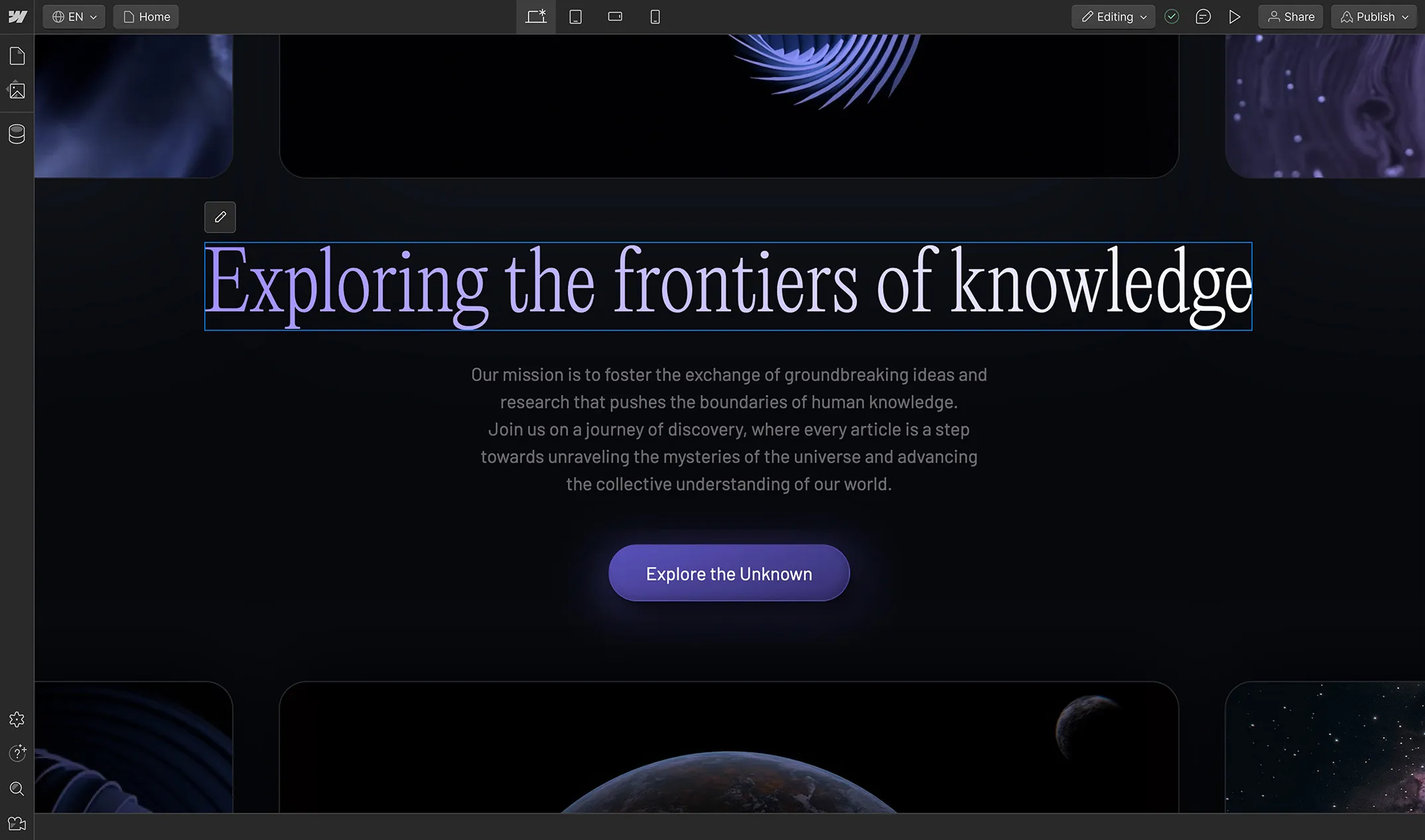 Science website homepage.