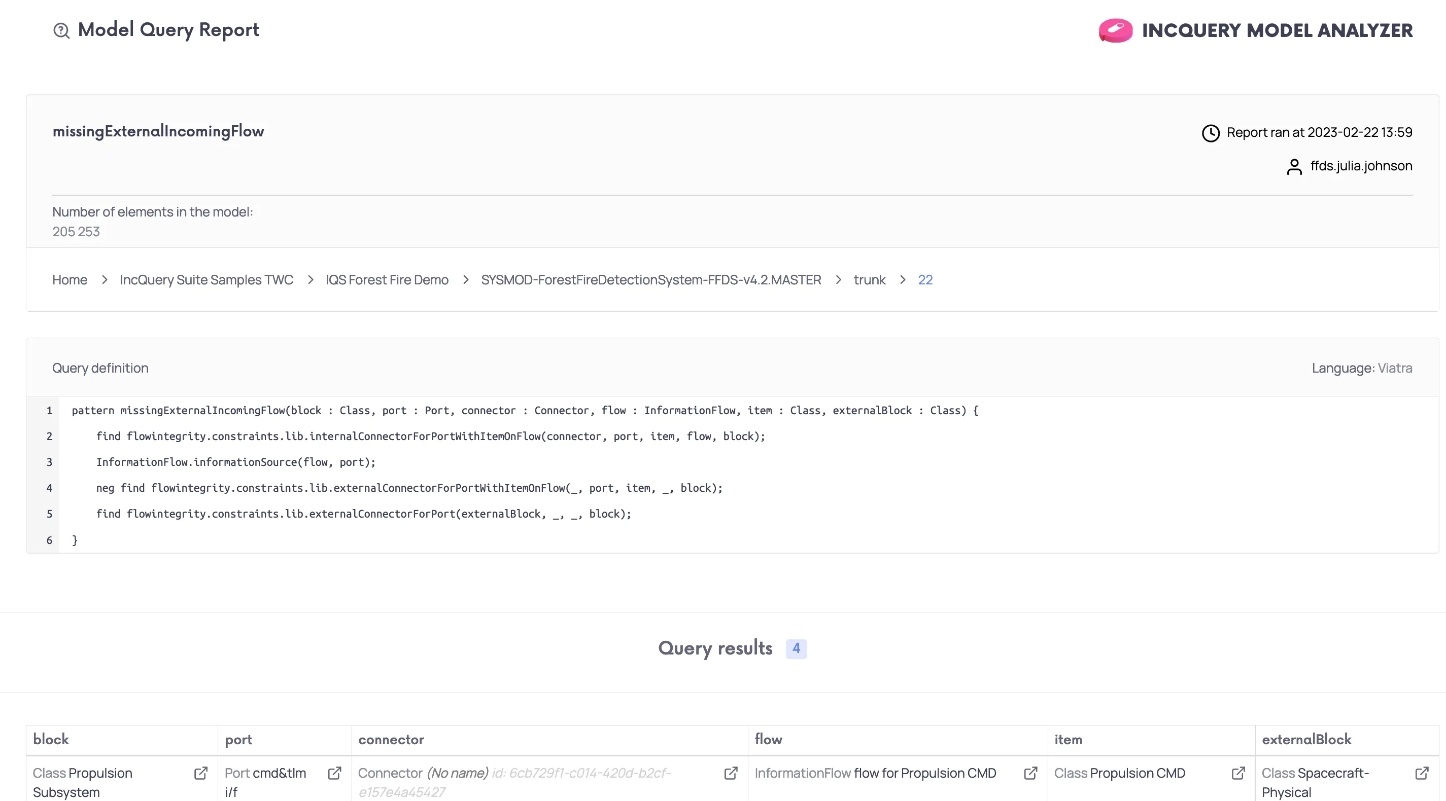 Screenshot of the IncQuery Analyzer Query Report