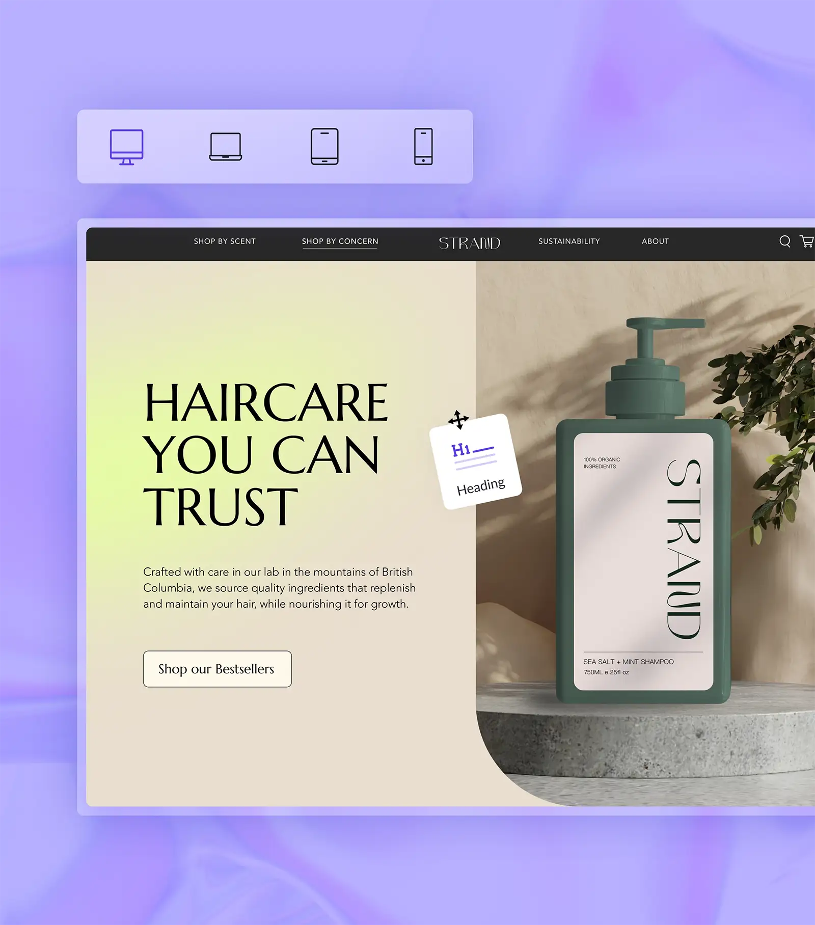 Mock ecommerce website for a haircare brand being edited with Shogun