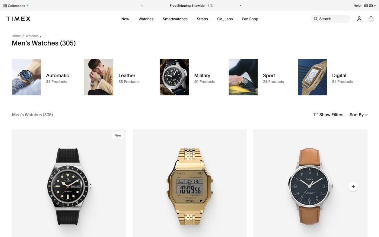 Desktop screenshot of the PLP on Timex's site