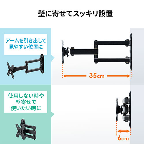 モニターアーム 壁面固定 ディスプレイアーム 壁掛け 3関節 省スペース 34インチ対応 耐荷重15kg 100-LA059