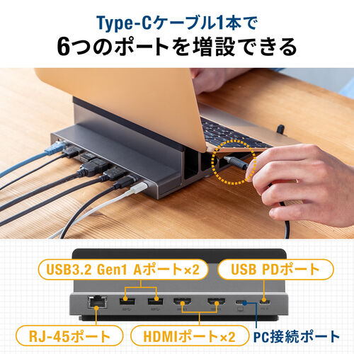 ドッキングステーション Type-C接続 HDMI2ポート搭載 スタンド型 クラムシェル ノートパソコンスタンド対応 4K/60Hz PD100W 有線LAN対応 400-VGA018