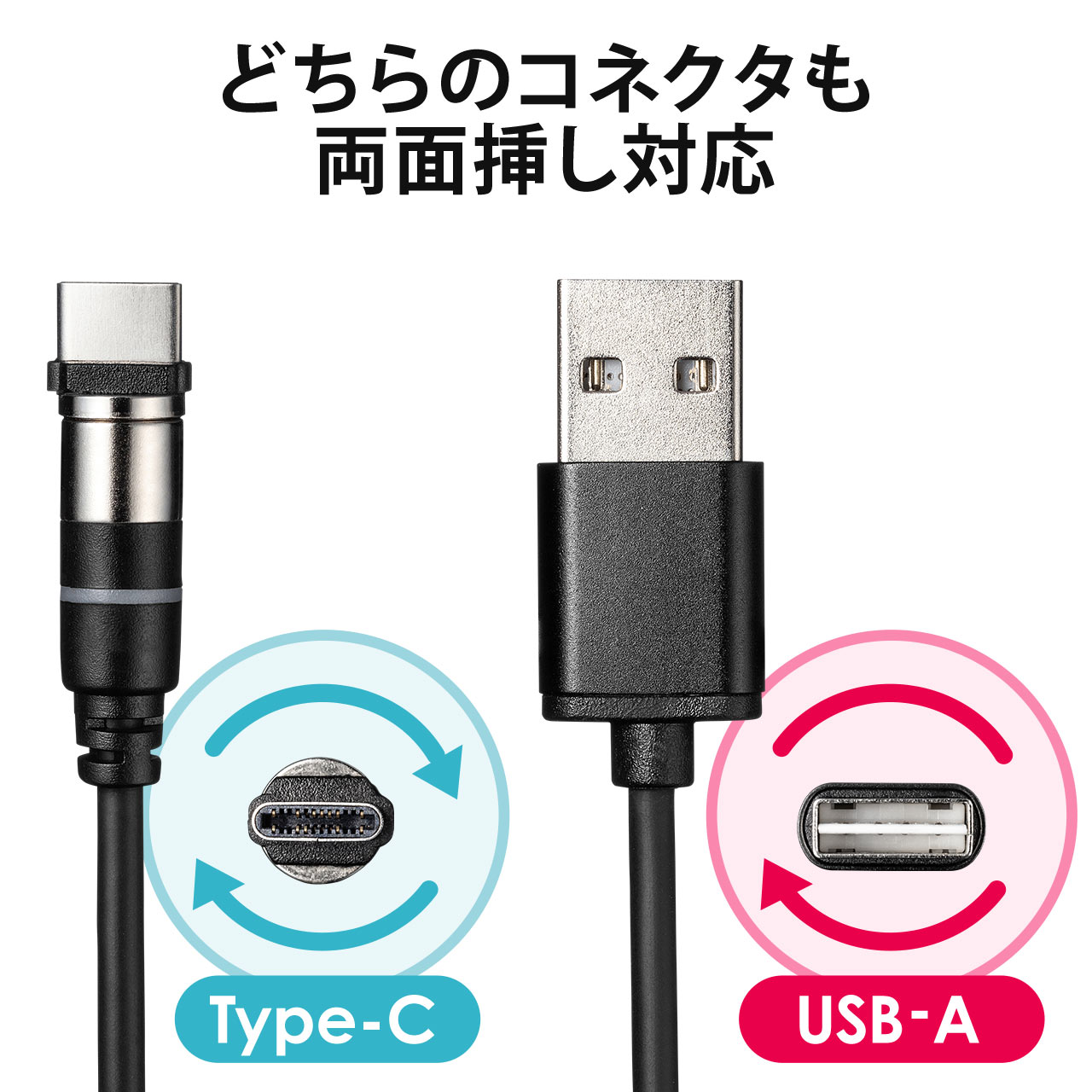 マグネット着脱式USB Type-C充電専用ケーブル（USB Aコネクタ両面対応・スマートフォン・LED内蔵・2A対応・PS5・ブラック） 500-USB063