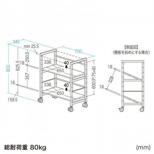 高耐荷重ワゴン（2段）横幅70cm 奥行34.5cm 高さ80.3cm 耐荷重80kg キャスター付 WG-207