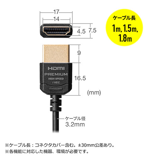 プレミアムHDMIケーブル（スーパースリムタイプ・スリムコネクタ・ケーブル直径約3.2mm・Premium HDMI認証取得品・4K/60Hz・18Gbps・HDR対応）