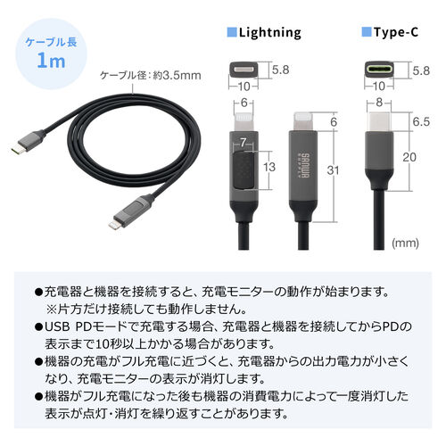 PD電力表示機能付き USB Type-C Lightning ケーブル Apple MFi認証品 PD36W対応 1m やわらかシリコンケーブル 充電 データ転送 iPhone iPad