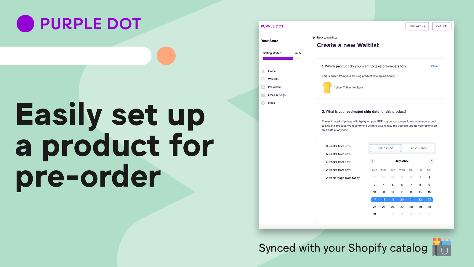 Purple Dot application preview page with the tagline: "Easily set up a product for pre-order."