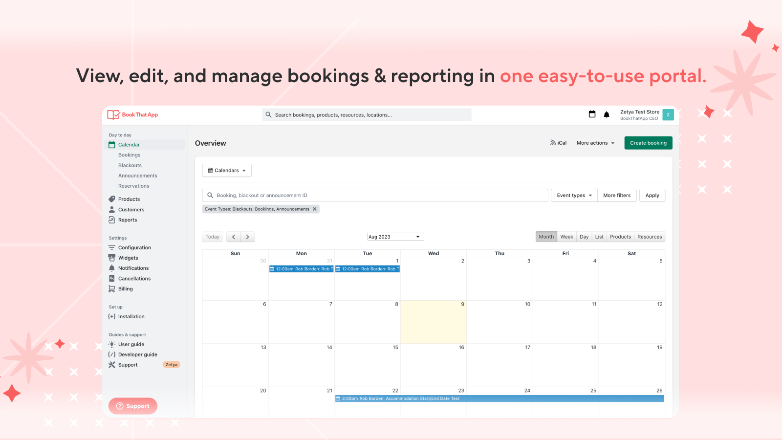 Calendrier de vue d'ensemble administrateur BookThatApp