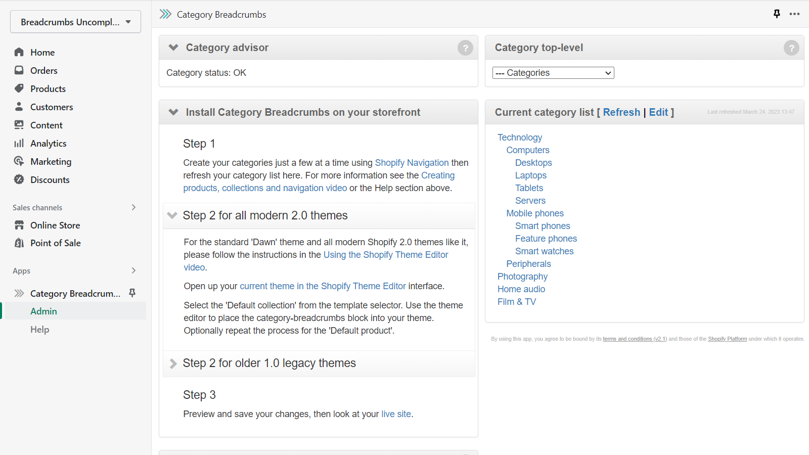 Interface utilisateur simple pour actualiser la liste des catégories à partir de la navigation Shopify