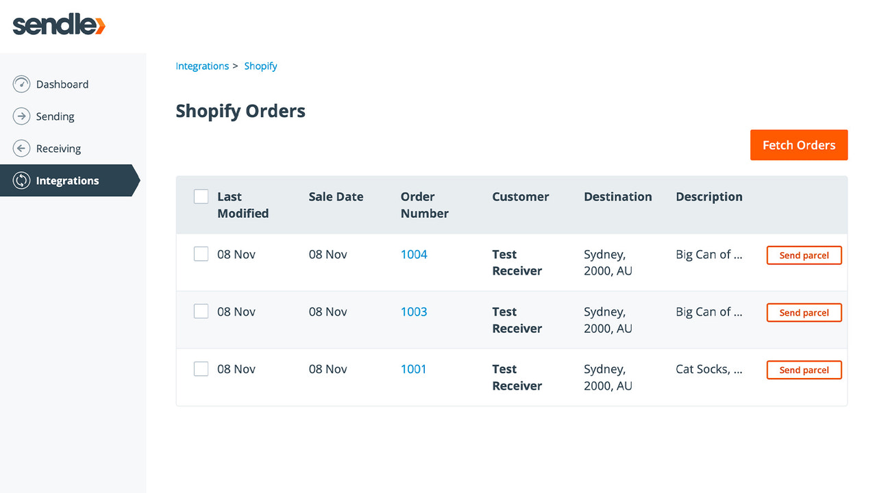 Screenshot zeigt die Shopify-Integrationsseite auf Sendle.
