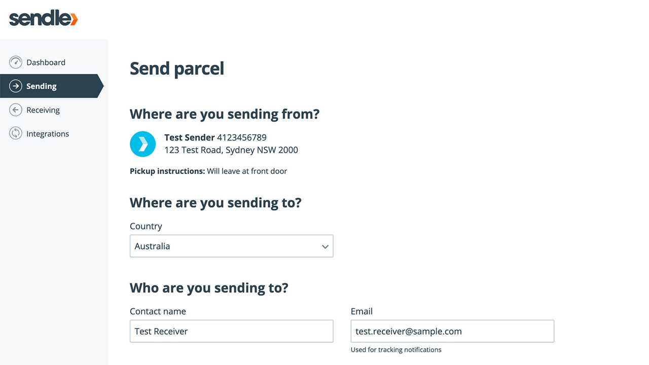 Captura de pantalla mostrando la página de envío de pedidos de Sendle.