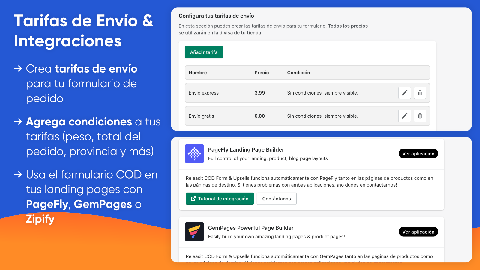 Tarifas de envío e integraciones para el formulario