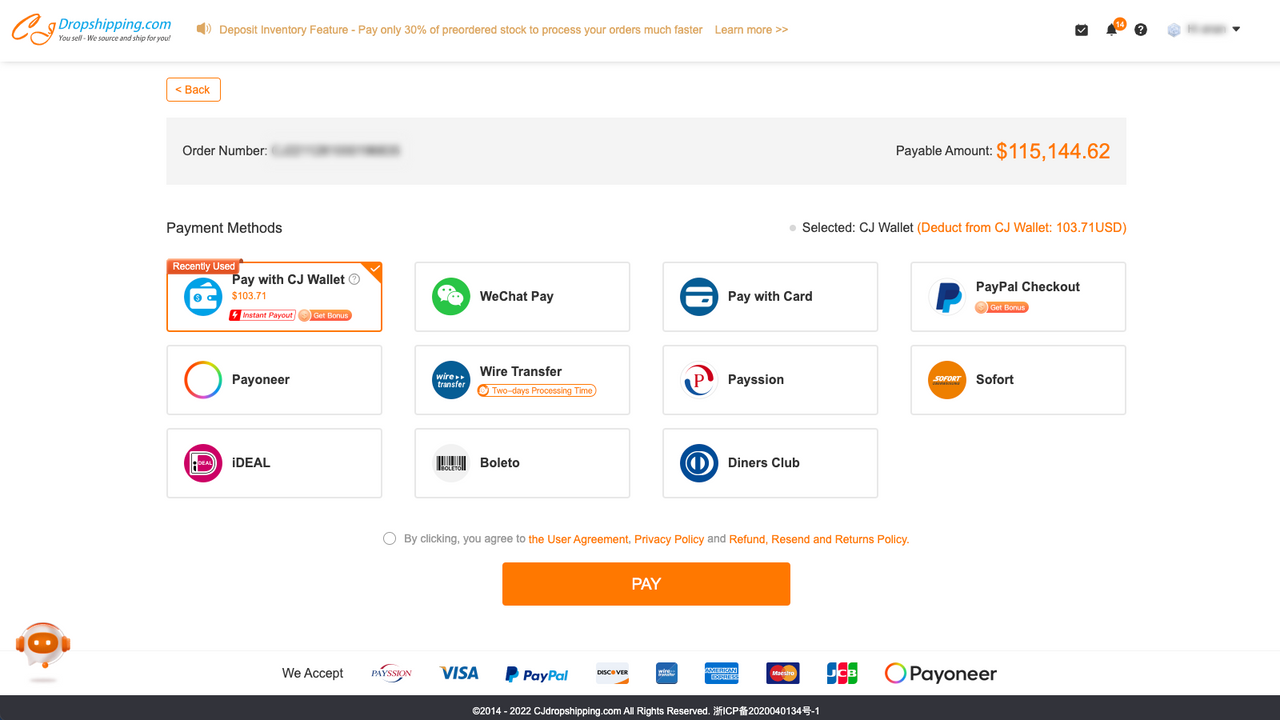 Multiple payment methods, including Paypal and credit card.