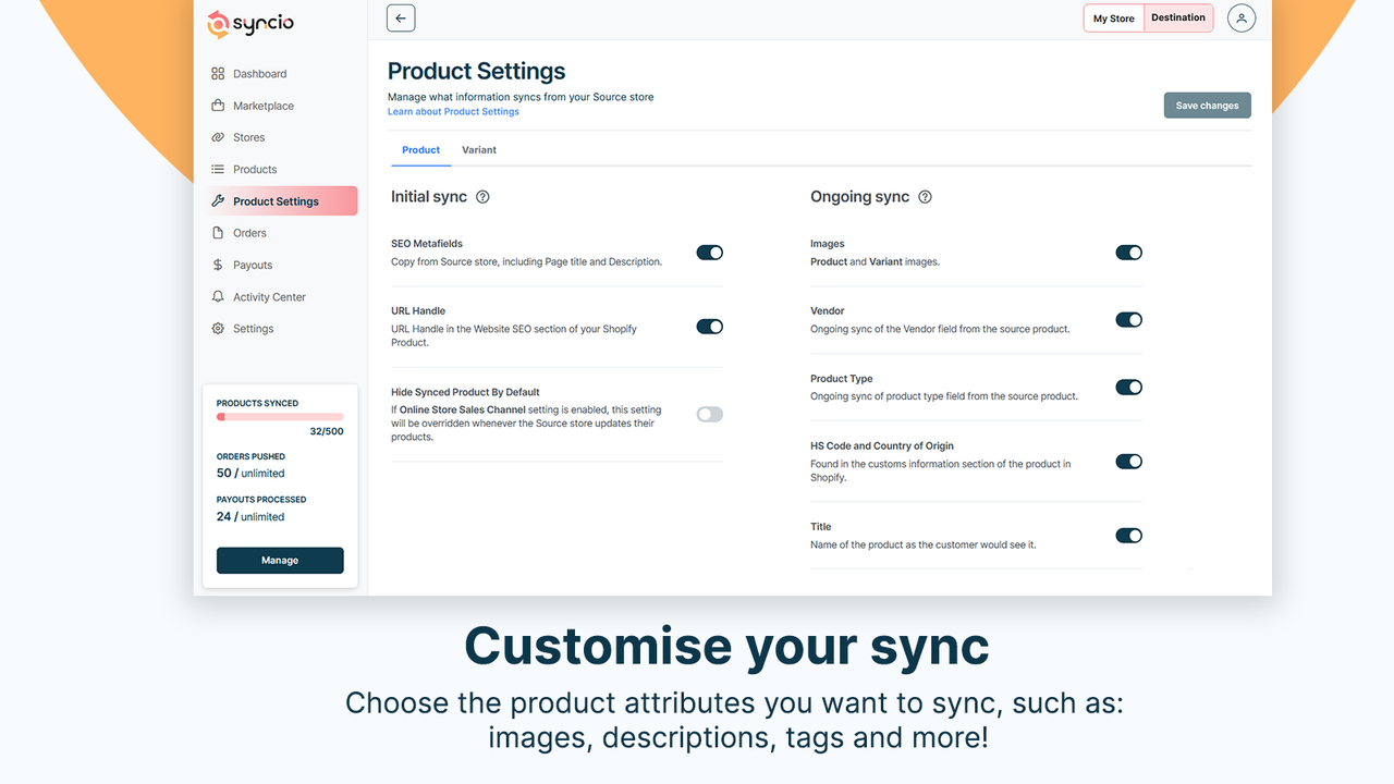 syncio app screenshot showing custom product field sync settings