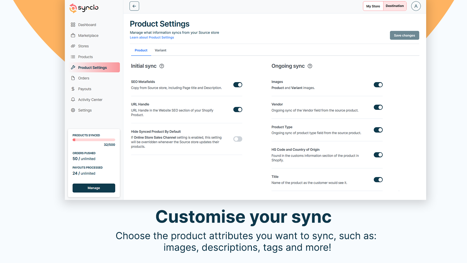 syncio app screenshot toont aangepaste productveldsynchronisatie-instellingen