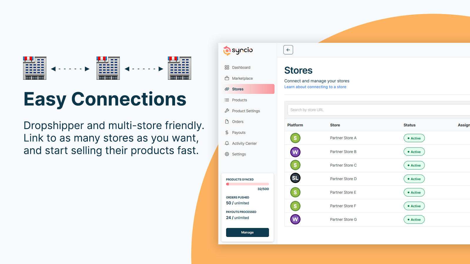 syncio app screenshot showing table of connected online stores