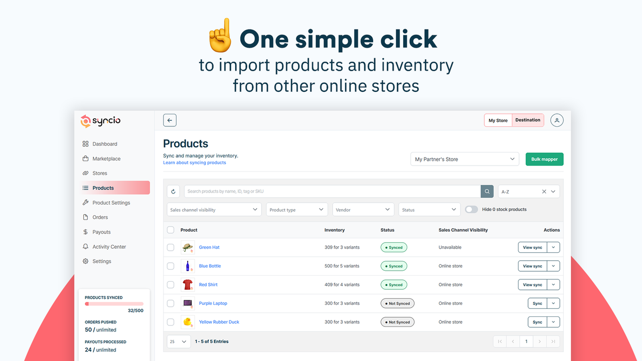 syncio app screenshot showing table of products for easy import
