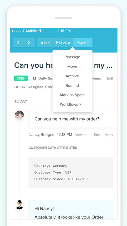 Manage conversations and teams through the mobile app.