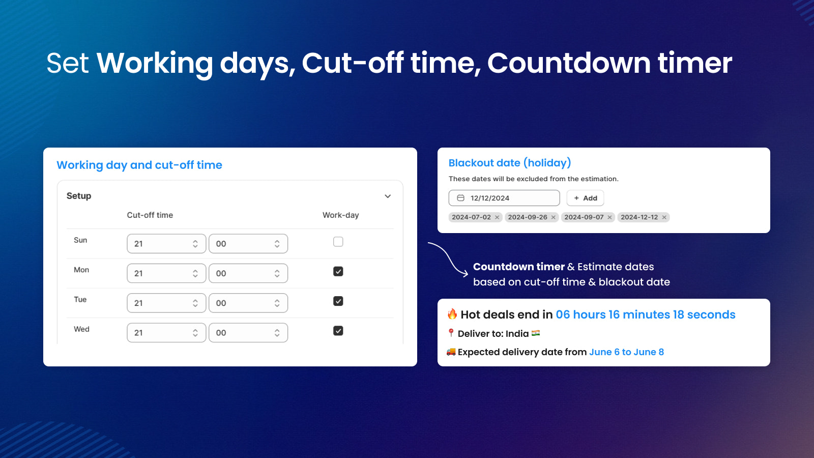 Configure business availability: Working days, countdown timer