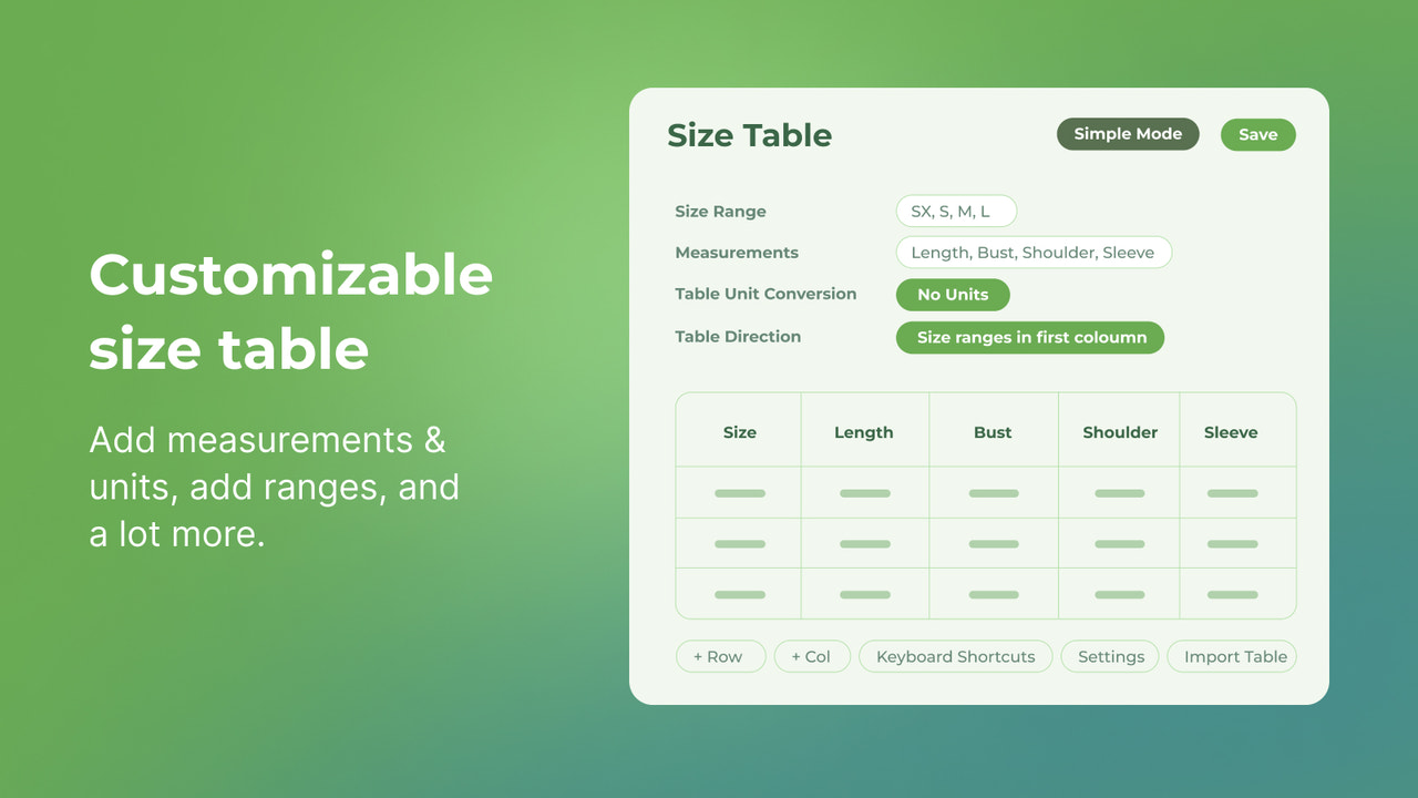 kiwi sizing, size chart, fit finder - Size Chart Table Editor