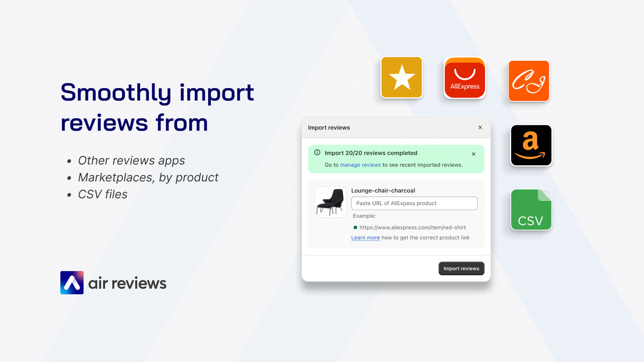 Smoothly import reviews from AliExpress, Amazon, CJ Dropshipping