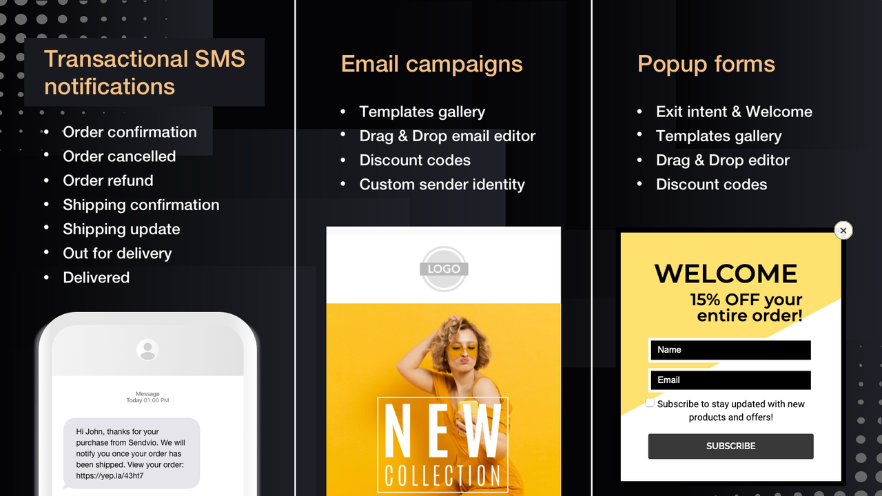 SMS, Email campaigns, Popup forms for Shopify