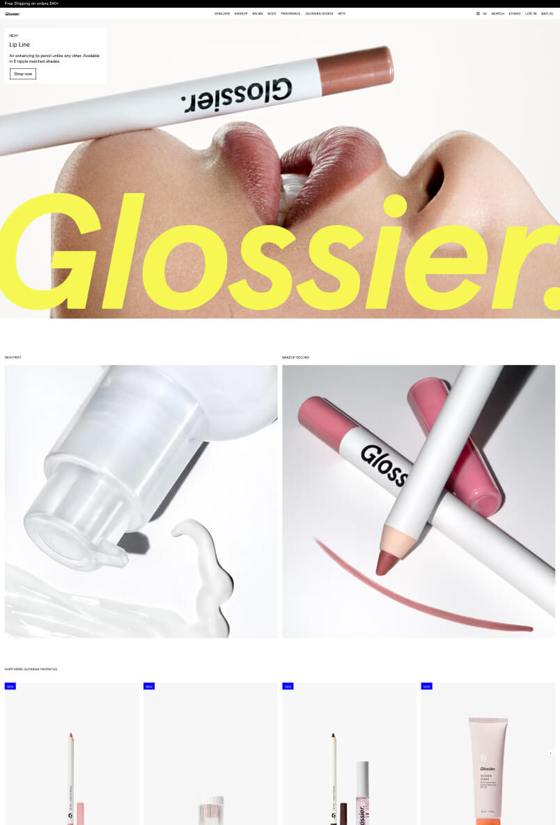 The Glossier website selling beauty products