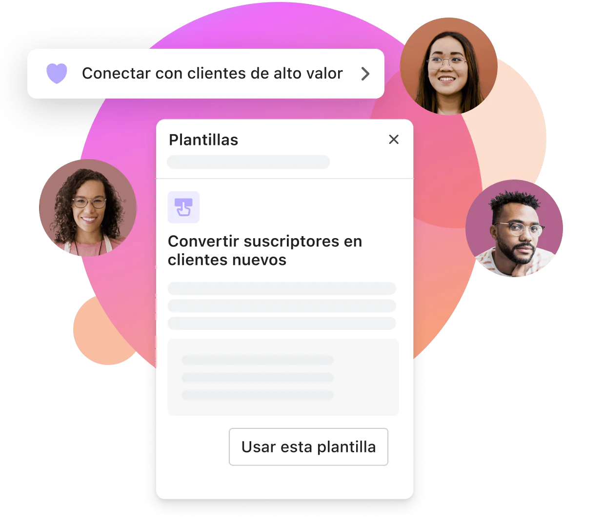 El editor de la sección de segmentos de clientes en el panel de control de Shopify muestra plantillas para diferentes segmentos, por ejemplo, para captar clientes de gran valor y convertir suscriptores en clientes nuevos. Aparecen distintas caras en círculos alrededor del editor, lo que demuestra la variedad de personas que se incluyen en cada segmento.