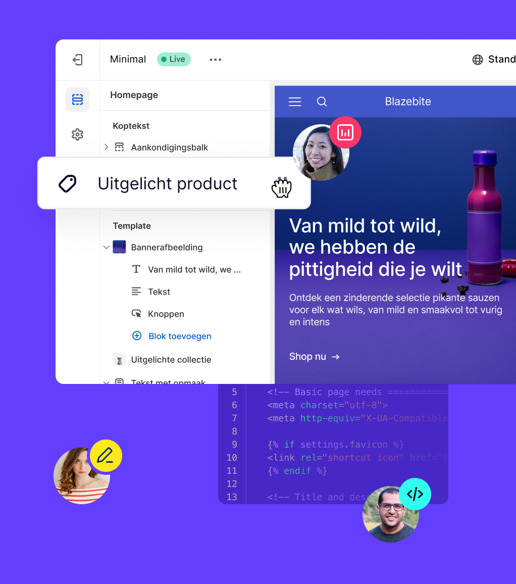 Meerdere samenwerkers die Liquid en de webshop-editor van Shopify gebruiken om samen een winkel te bouwen