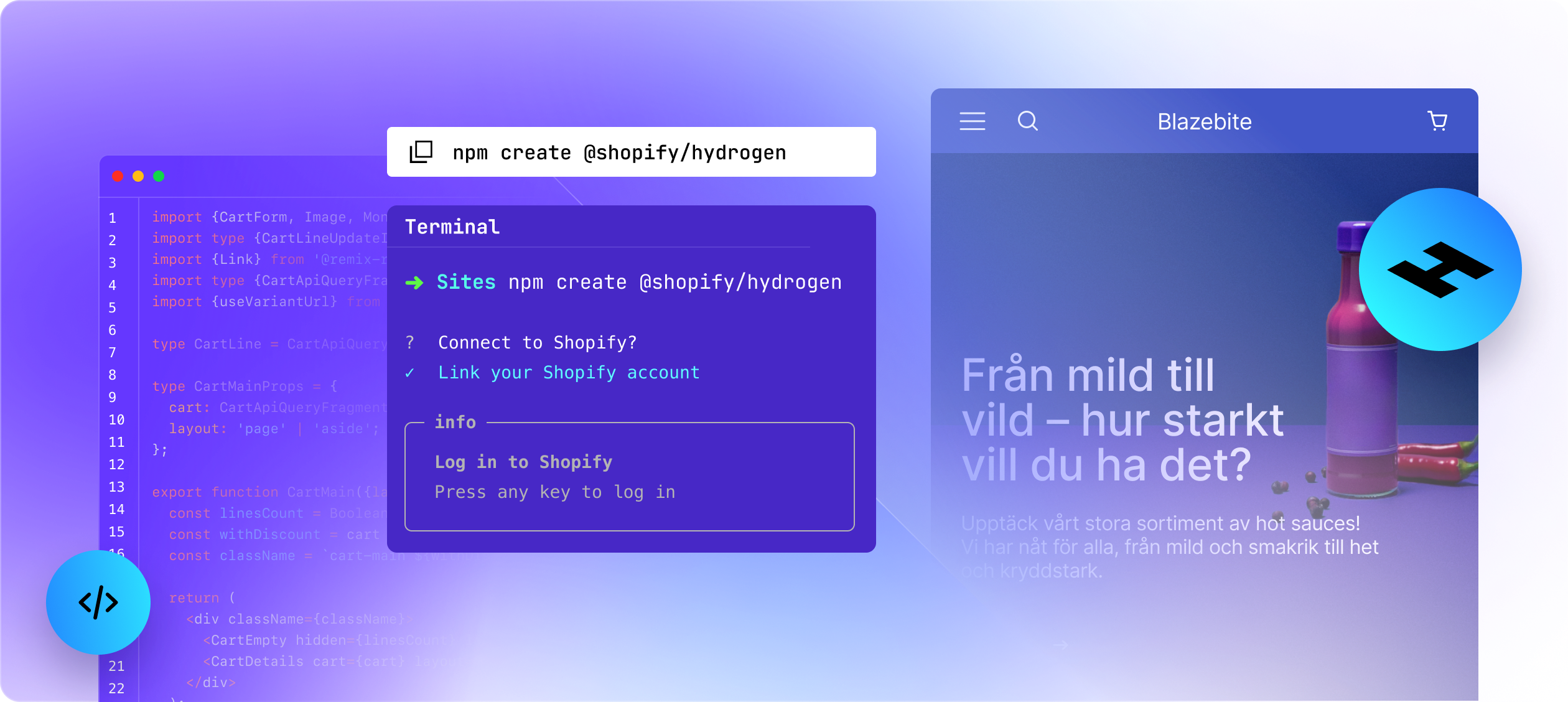 Tre skärmar: ett exempel på Hydrogen-kod, ett kommandoradsgränssnitt och en webbplats skapad med Hydrogen