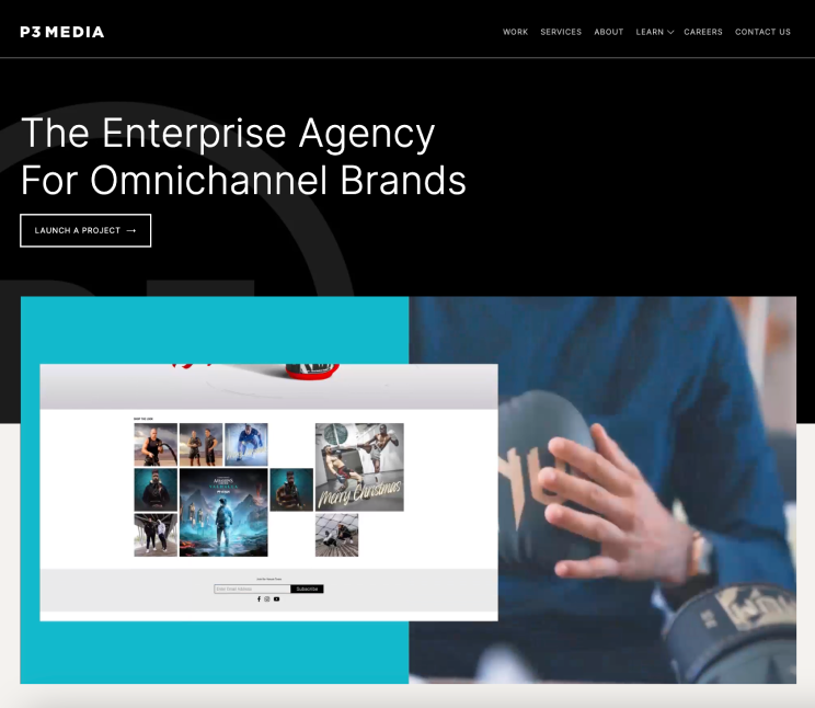 Image of the P3 website with a headline that reads, "The Enterprise Agency for Omnichannel Brands" and some thumbnails of their work.