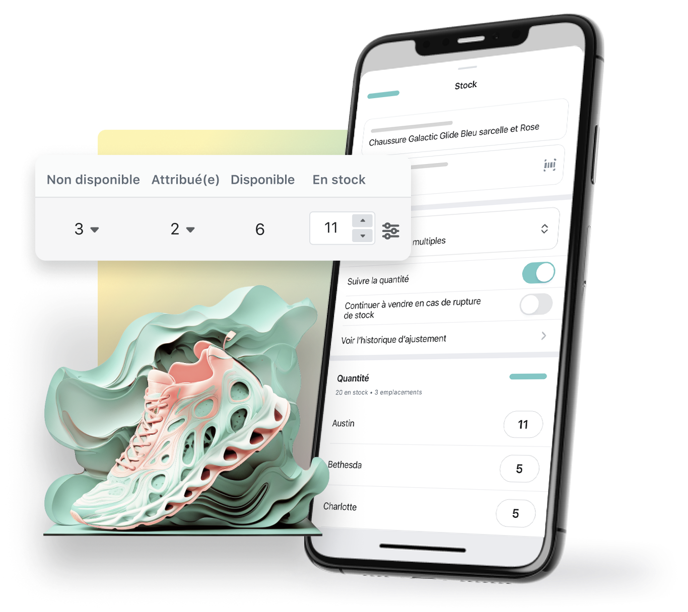 L’image présente l’écran d’un téléphone portable affichant un système de gestion des stocks, ainsi qu’une paire de baskets situées au bas de l’écran. Au-dessus, une barre affiche les quantités en stock, avec les onglets « Indisponible », « Commandé », « Disponible » et « En stock », précisant que le stock comporte 11 paires de baskets disponibles.