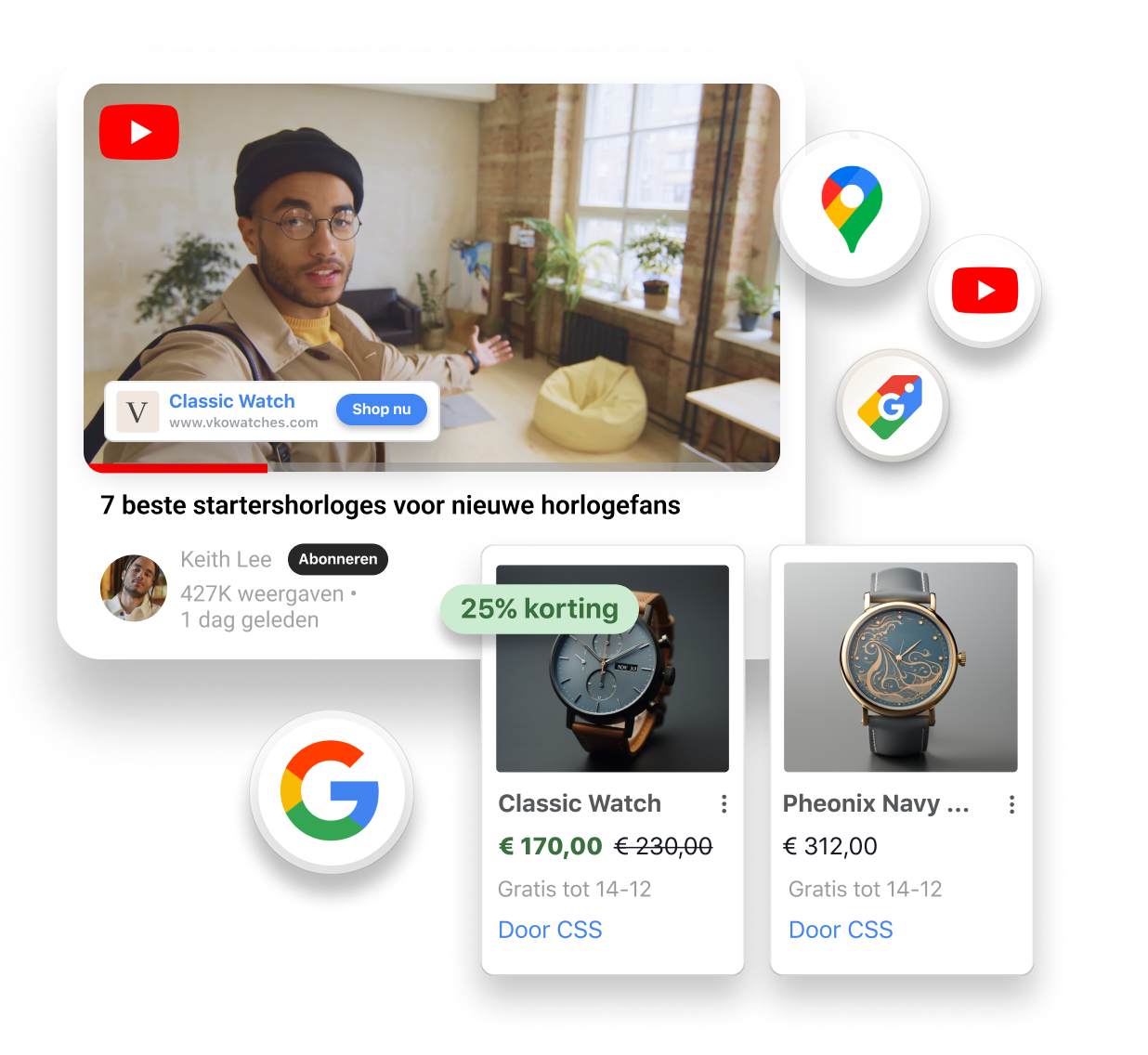 Een YouTube-video van een man die een bruin horloge draagt en in de camera praat. Producttegels met twee horloges die te koop zijn worden weergegeven over het venster van de video. Kleine logo's rondom de vensters zijn onder andere: Google, Google Maps, Google Shopping en YouTube.