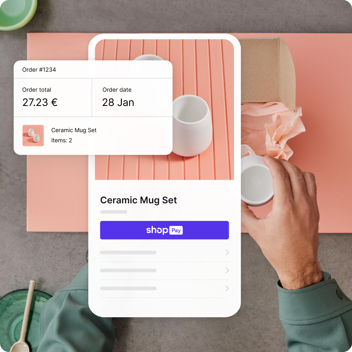 Productpagina met keramische theekopjes en de onscreen mobiele checkout-ervaring met Shop Pay