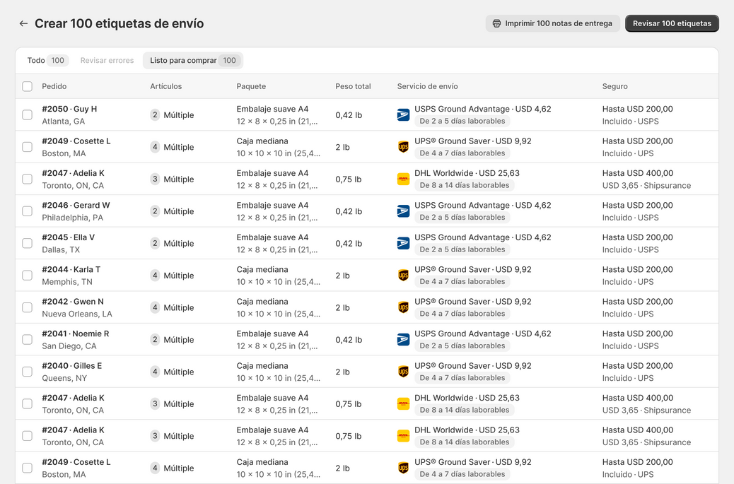 Ejemplo de página web para crear una etiqueta de envío