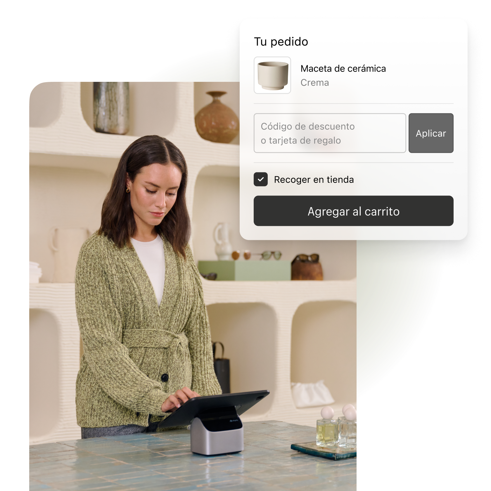Un collage de imágenes, que muestra a una mujer utilizando Shopify POS, y una imagen de una maceta de cerámica en el flujo de pago de Shop Pay