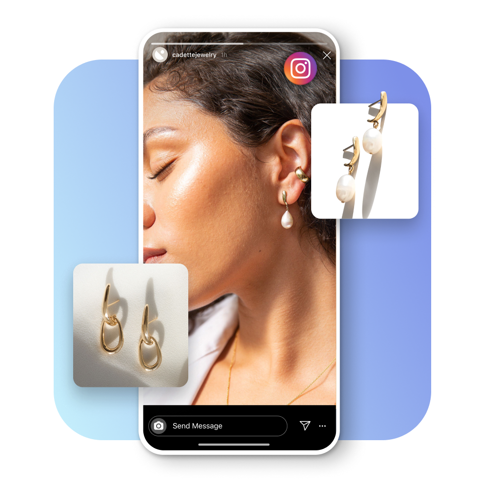 A young female wearing gold pearl drop earrings in an Instagram story. An interface showing methods of payments. Product tiles features two pairs of earrings by Cadette Jewelry.