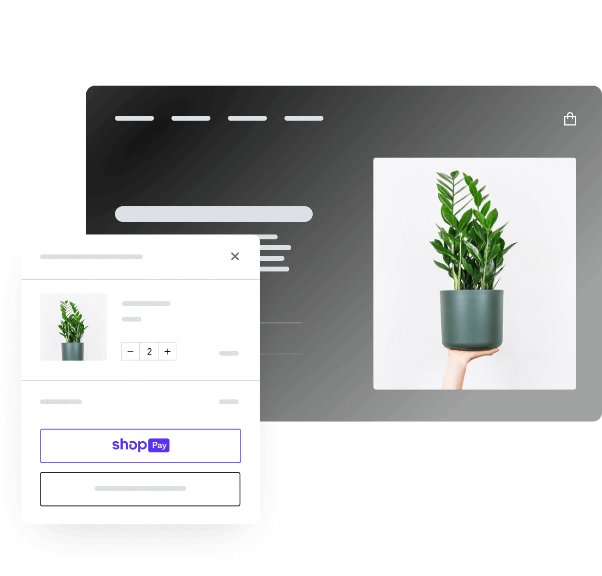 Une plante en tant que produit dans une boutique en ligne Shopify et dans un panier d’achat en ligne.