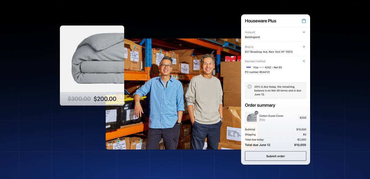 Collage que muestra a dos hombres en un almacén, una captura de pantalla del autopago B2B de Shopify Plus y una imagen de una funda nórdica